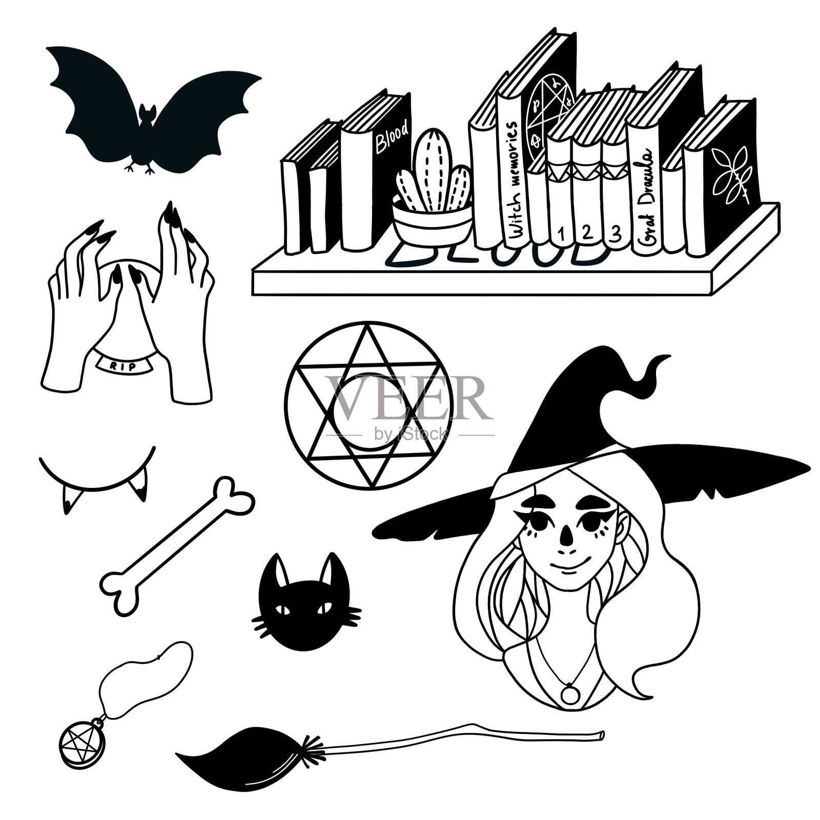 万圣节剪影。手工绘制。光栅黑白插图插画图片素材