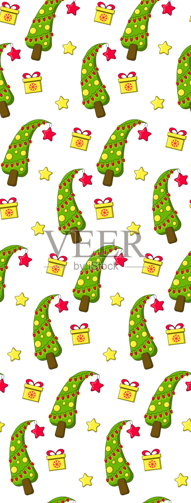 圣诞树、礼物、星星的圣诞属性无缝图案。插画图片素材
