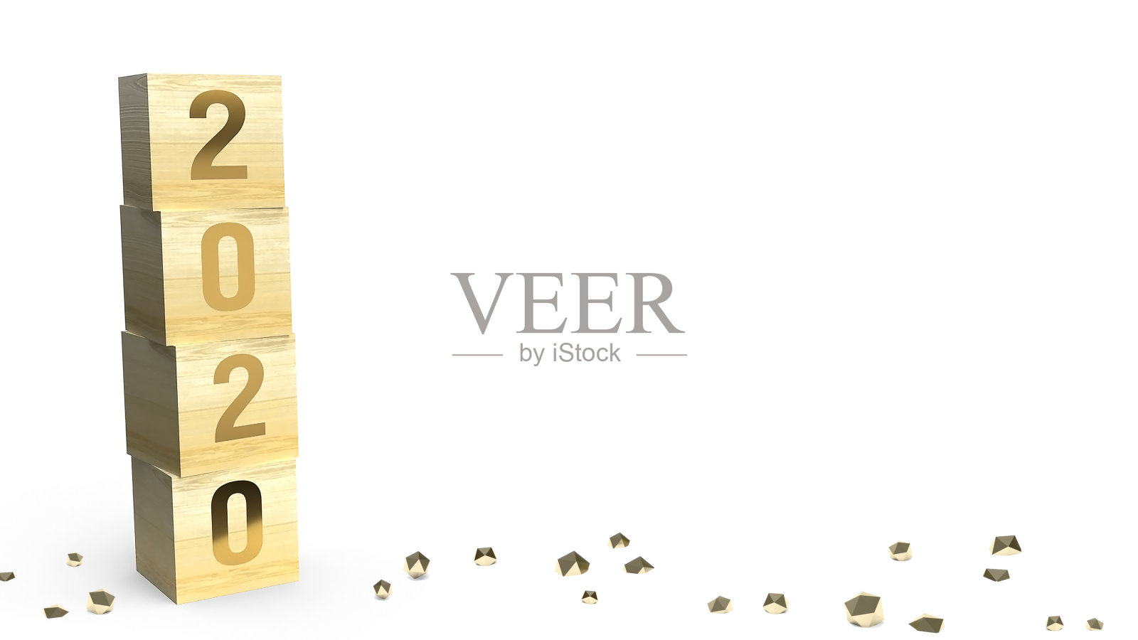 2020年黄金数字木方新年概念3d渲染。照片摄影图片