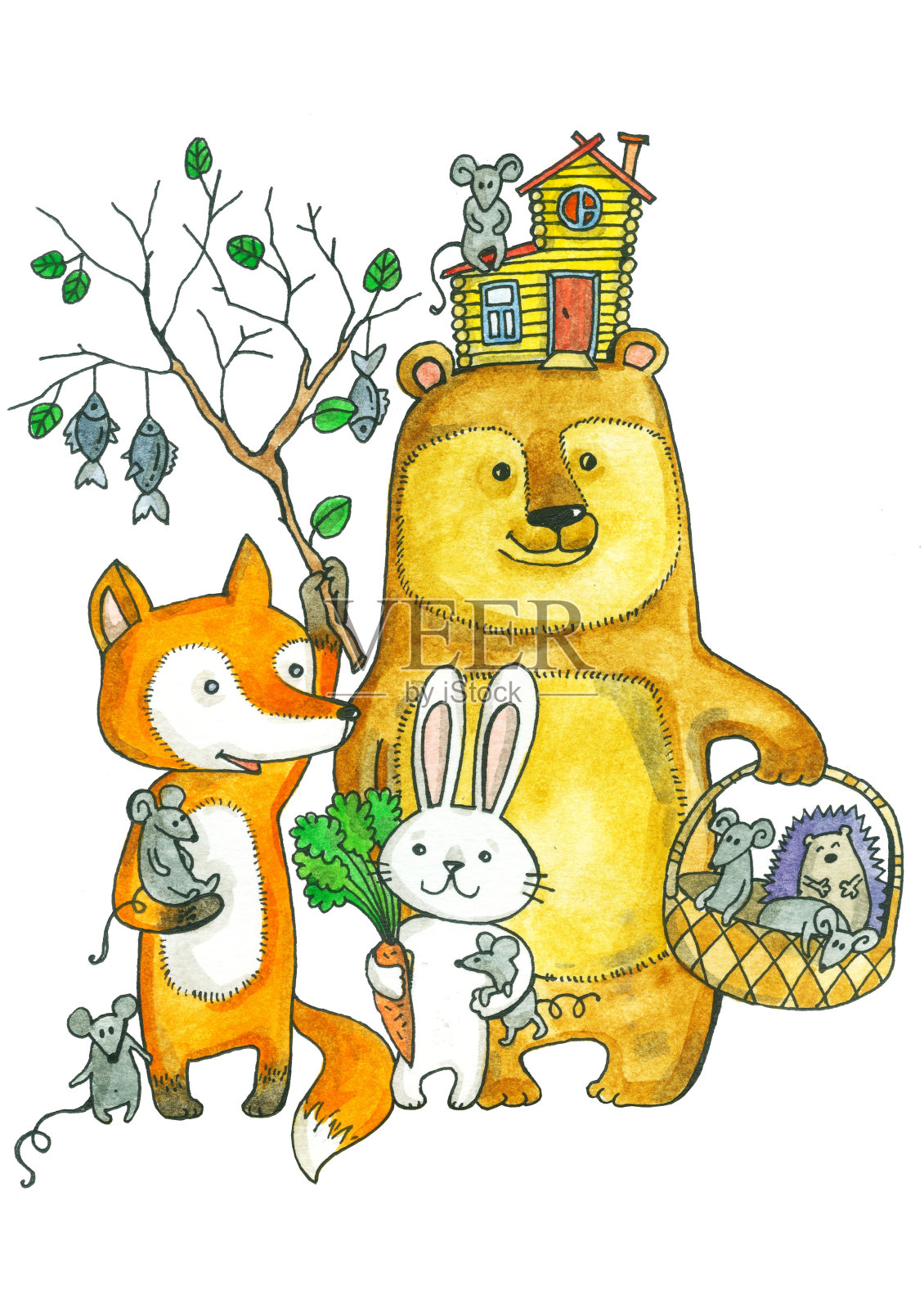 森林动物，即熊、狐狸、野兔、刺猬和老鼠，站在岸边。水彩插图与森林居民插画图片素材