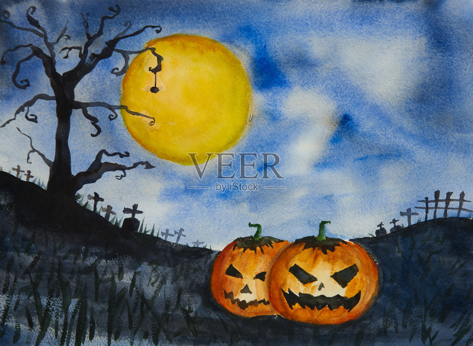 南瓜水彩画在满月的背景。插画图片素材
