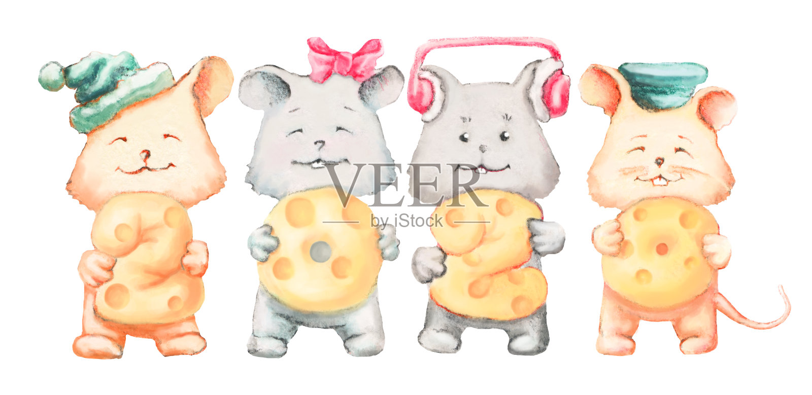 大鼠或小鼠，象征2020年。拿在手里的奶酪片上，用数字2020表示。水彩插图插画图片素材