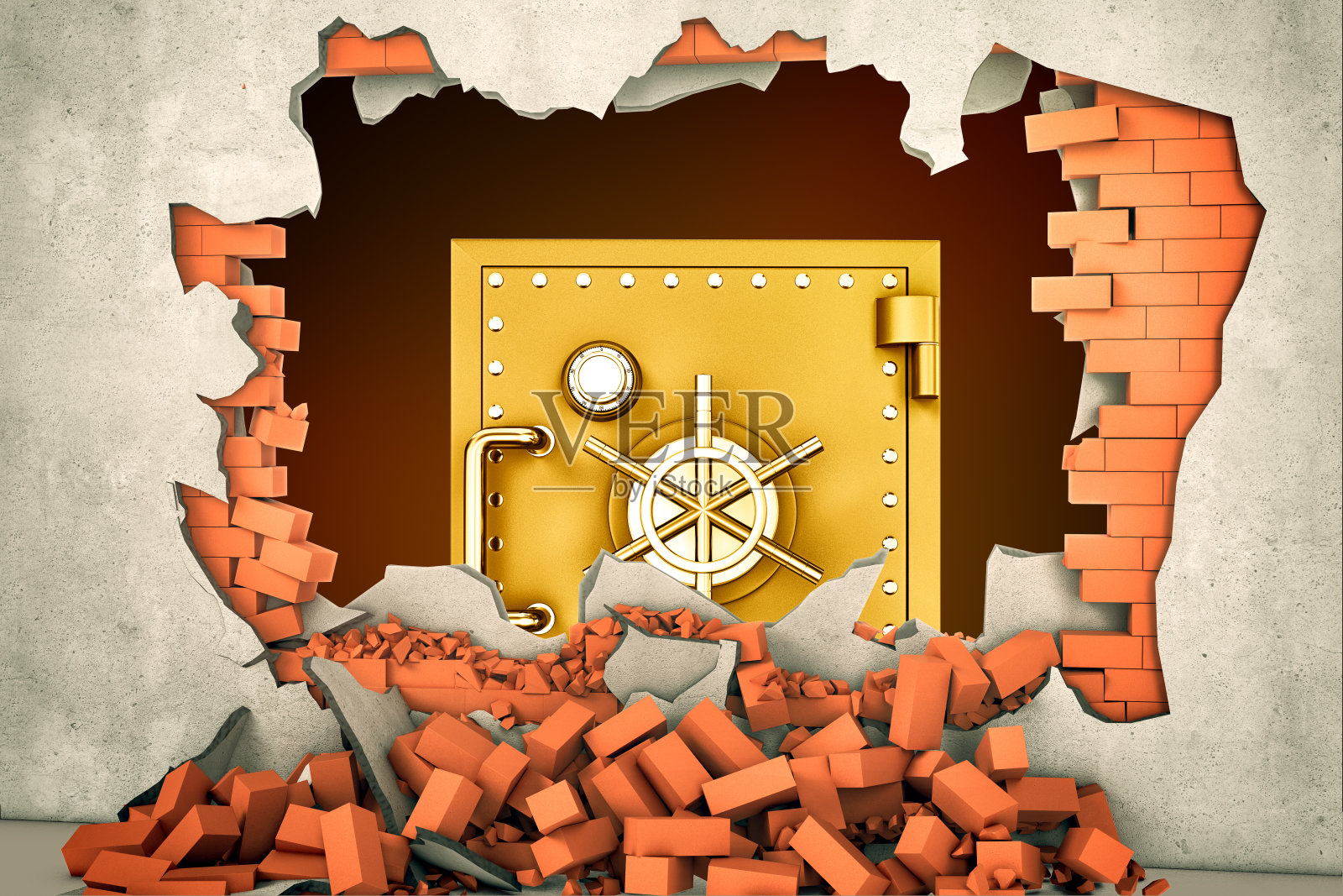 通过灰泥砖墙上的一个大洞看到一个巨大的金色保险箱的3d渲染。照片摄影图片