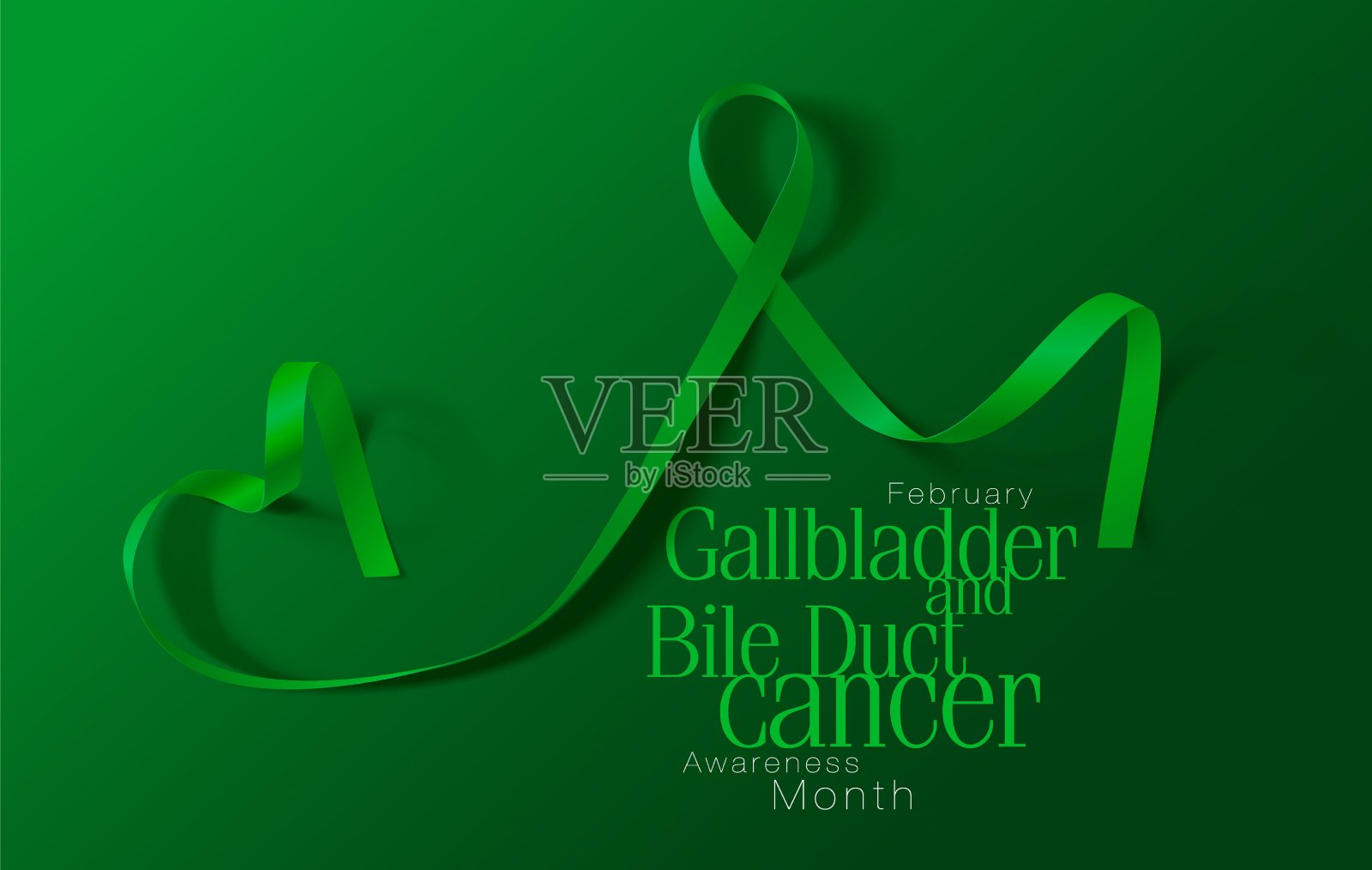 关注胆囊癌书法海报设计。现实的Kelly Green Ribbon。二月是胆囊癌宣传月。向量。插图插画图片素材