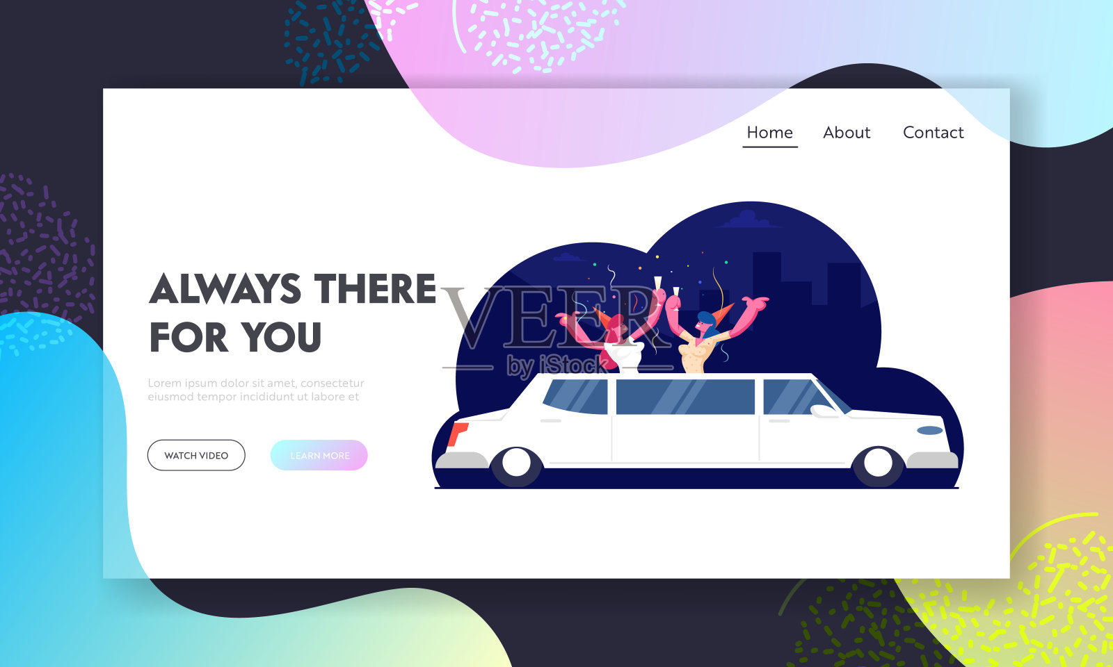 生日聚会网站登陆页。快乐的女孩朋友戴着有趣的帽子，戴着香槟眼镜，骑着白色的豪华轿车，五彩纸屑在网页横幅周围飞舞。卡通平面矢量插图插画图片素材