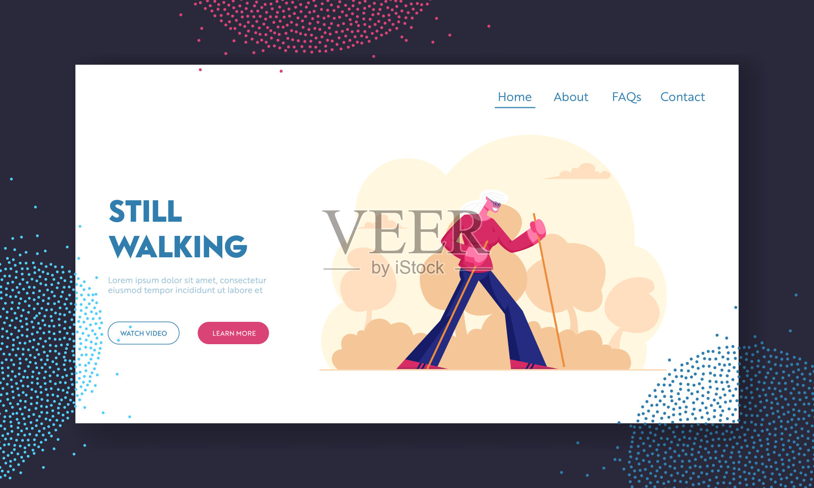 老年妇女体育活动网站登陆页。快乐的退休者健康的生活方式和户外。老年人锻炼与斯堪的纳维亚手杖网页横幅。卡通平面矢量插图插画图片素材