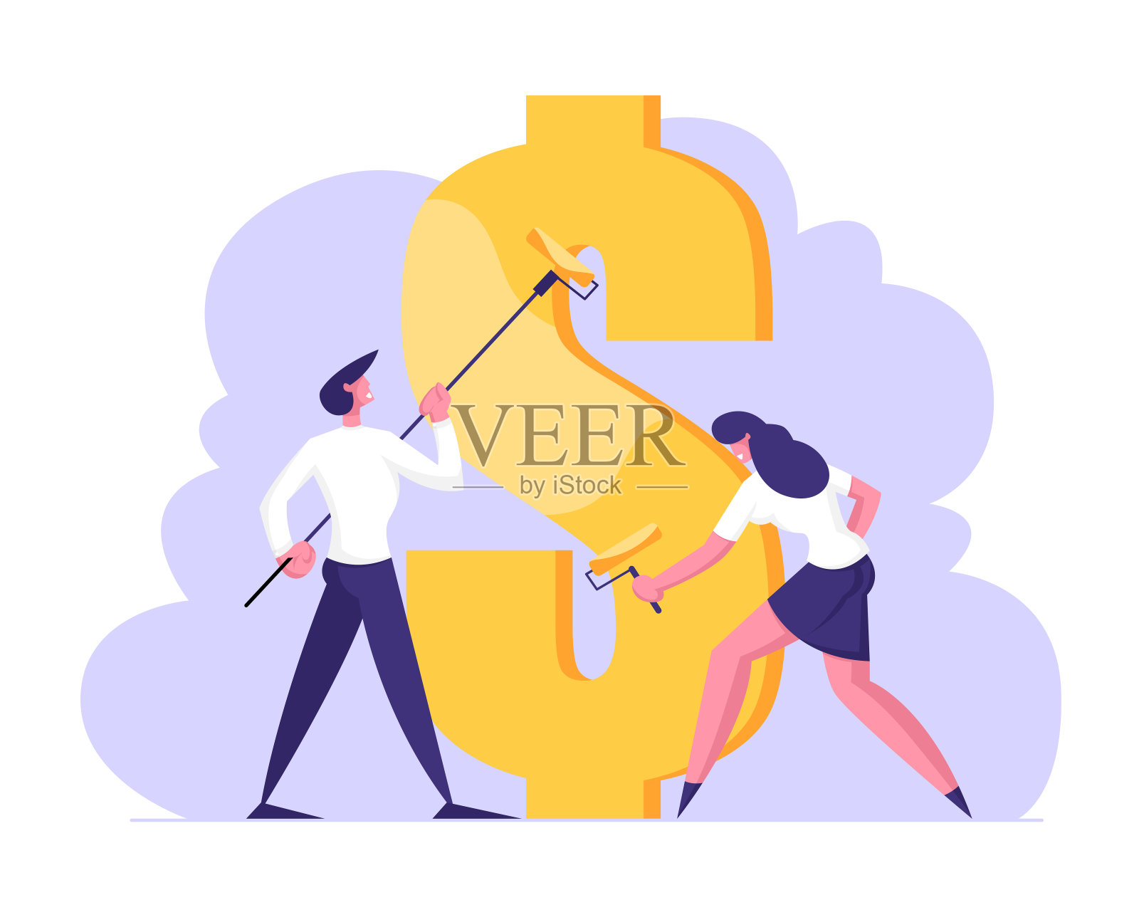 商人和女人用滚轴画着巨大的美元标志。采购产品经济和金融成功，商业，货币利润，银行现金，货币符号卡通平面矢量插图插画图片素材