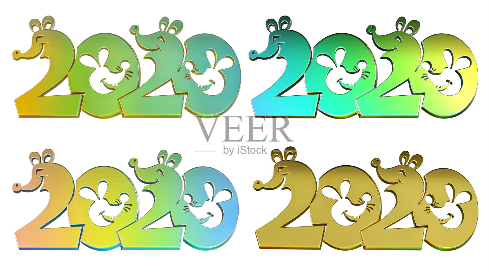 文本- 2020。一套可爱的老鼠形象的三维彩色文字。3D渲染，插图孤立在白色背景上。照片摄影图片