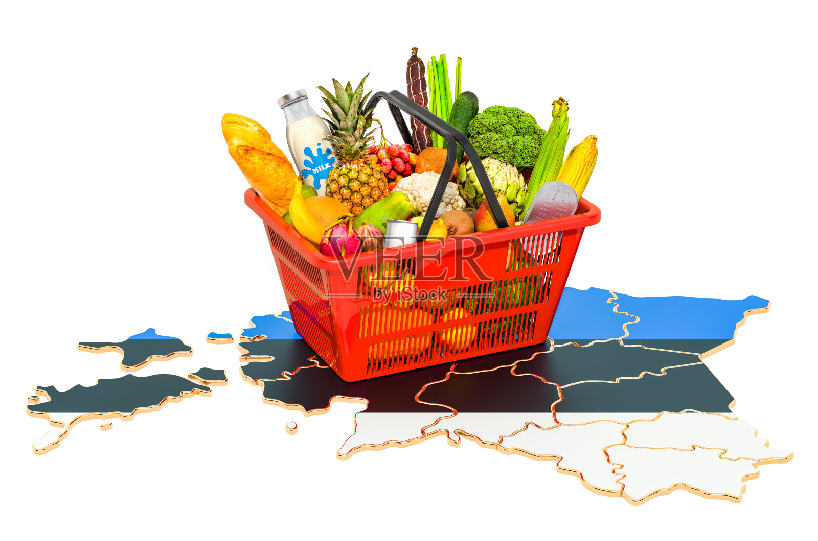 市场篮子或购买力在爱沙尼亚的概念。购物篮与爱沙尼亚地图，3D渲染孤立在白色背景照片摄影图片