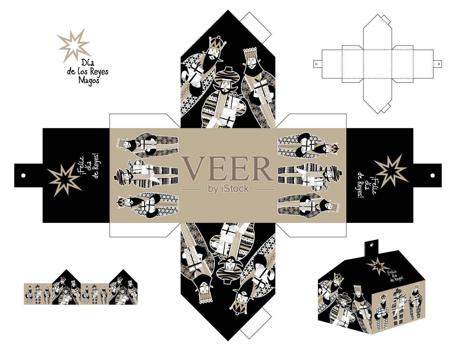 圣经中的三位国王:卡斯帕，梅尔基奥和巴撒撒。三个拿着礼盒的智者。幸福的眼睛!(三王节快乐!)剪出框模板。插画图片素材