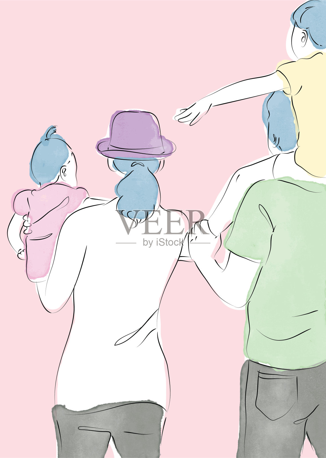 一个年轻家庭的矢量插图。妈妈，爸爸和宝宝。快乐的父母。家人一起散步。孤立的对象背景，家庭与两个蹒跚学步的孩子走在假日，幸福美丽的家庭四人一起走的肖像插画图片素材