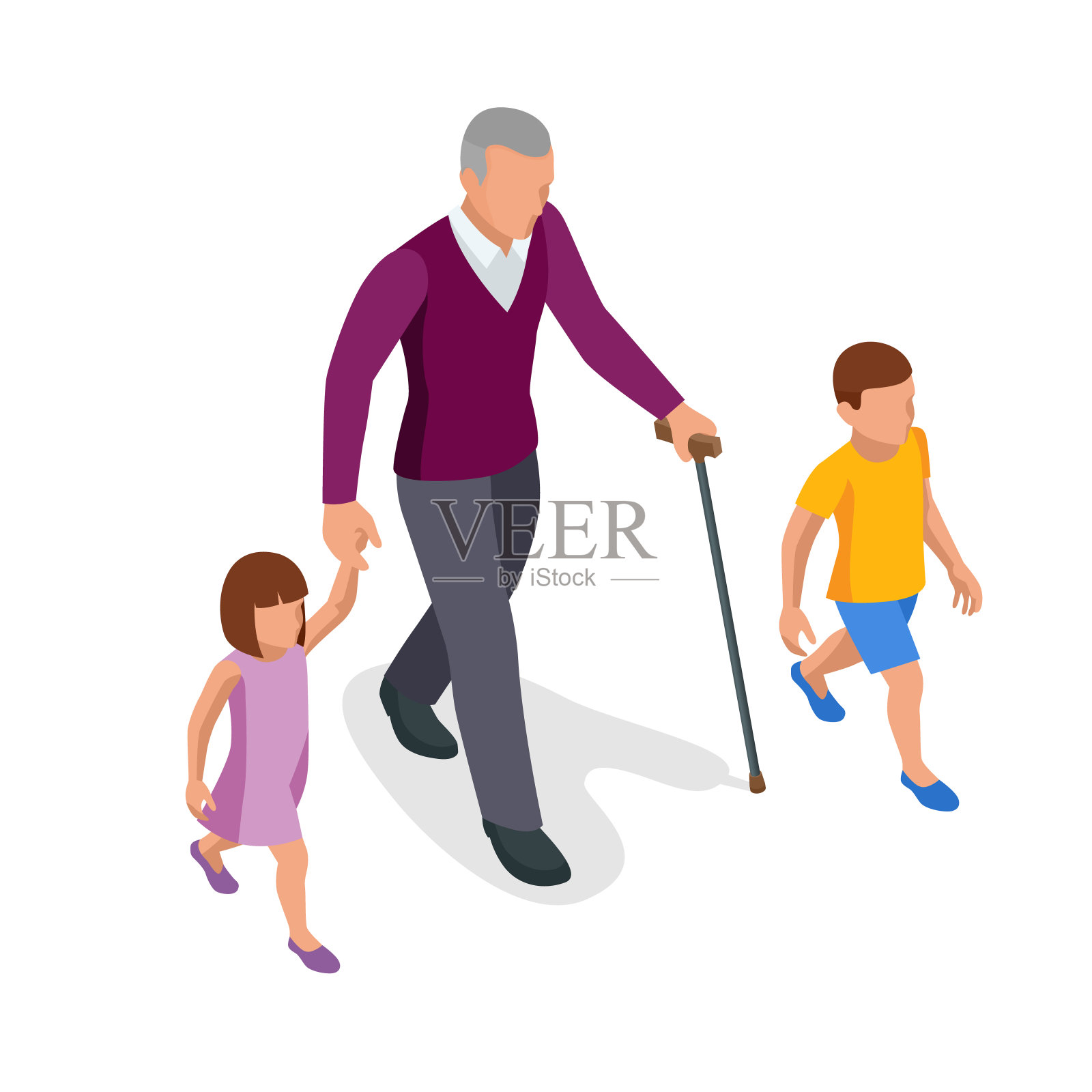 等距爷爷和孙子在街上。幸福的家庭和童年的观念。插画图片素材