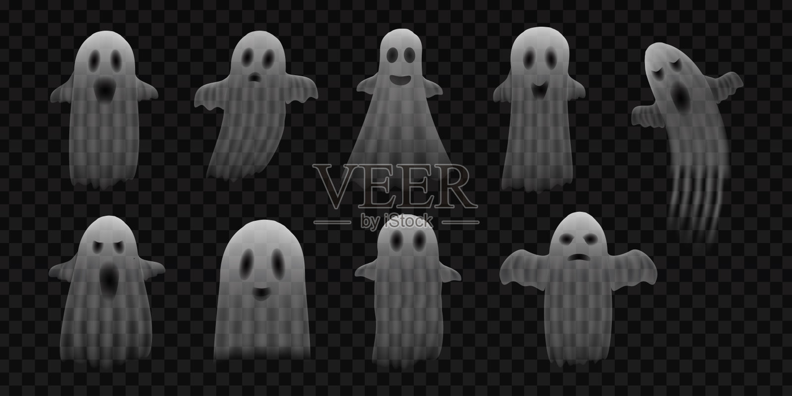 矢量组的现实孤立鬼模板装饰和邀请覆盖在透明的背景。万圣节快乐的概念。设计元素图片