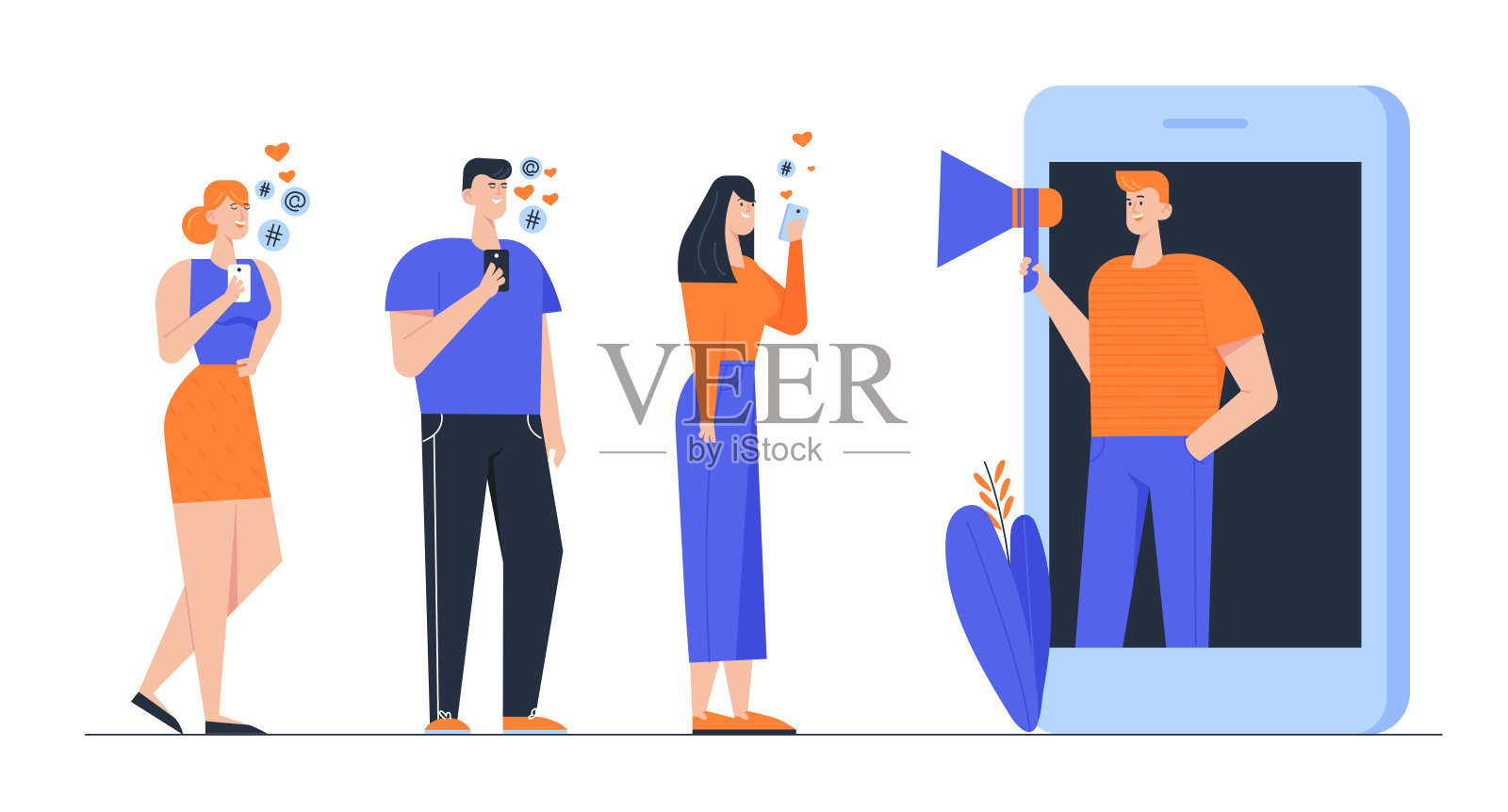 影响者营销社交媒体或网络推广，Smm博客概念。屏幕上拿着扩音器的男人和拿着手机的年轻人。网络广告卡通平面矢量插图插画图片素材