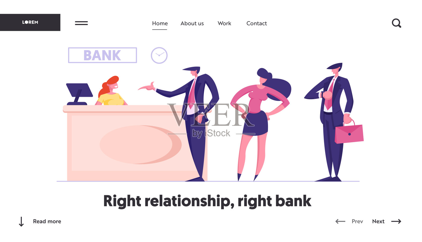 在银行网站登陆页面排队。访问银行办公室的公众获取金融服务。工作人员坐在柜台柜台客户等待咨询网页横幅。卡通平面矢量插图插画图片素材