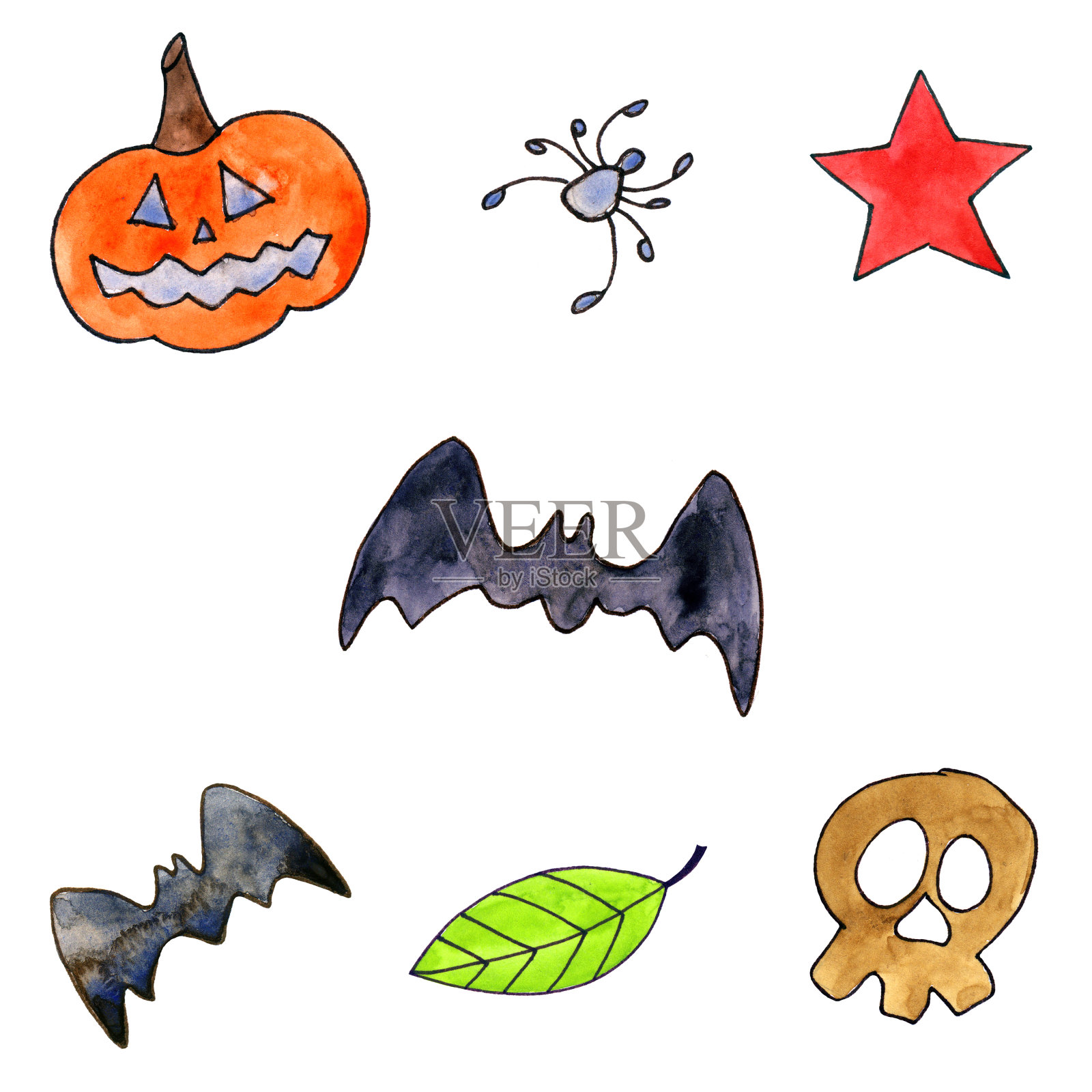 万圣节绘画装饰元素集。迎接万圣节的名片。南瓜，蝙蝠，骷髅和秋叶。插画图片素材