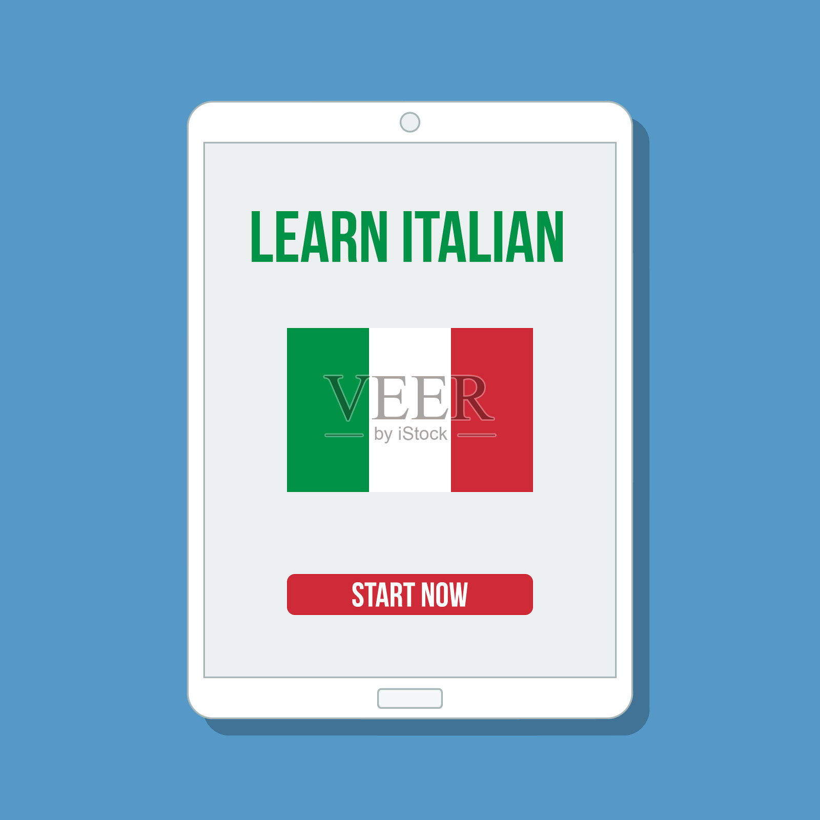 意大利国旗与学习意大利语标题和按钮现在开始在数字平板显示器，平面矢量插图插画图片素材