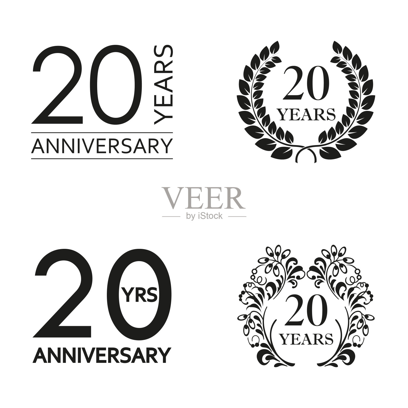 20周年纪念版。周年纪念图标徽章或标签系列。20周年庆祝和祝贺装饰元素。矢量插图。插画图片素材