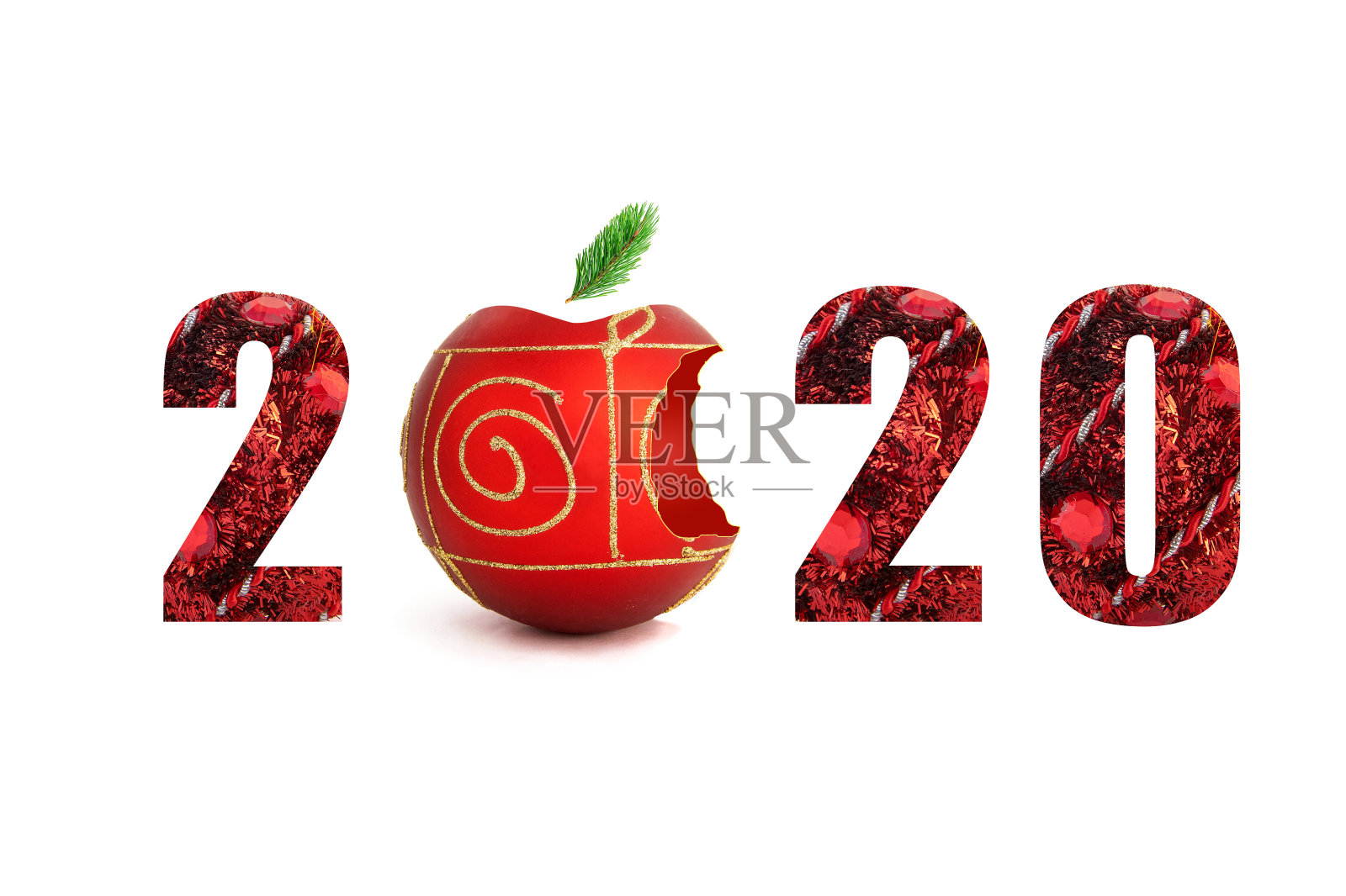 2020年新年快乐。白色背景上的红色苹果标志作为圣诞装饰。新年的概念照片摄影图片