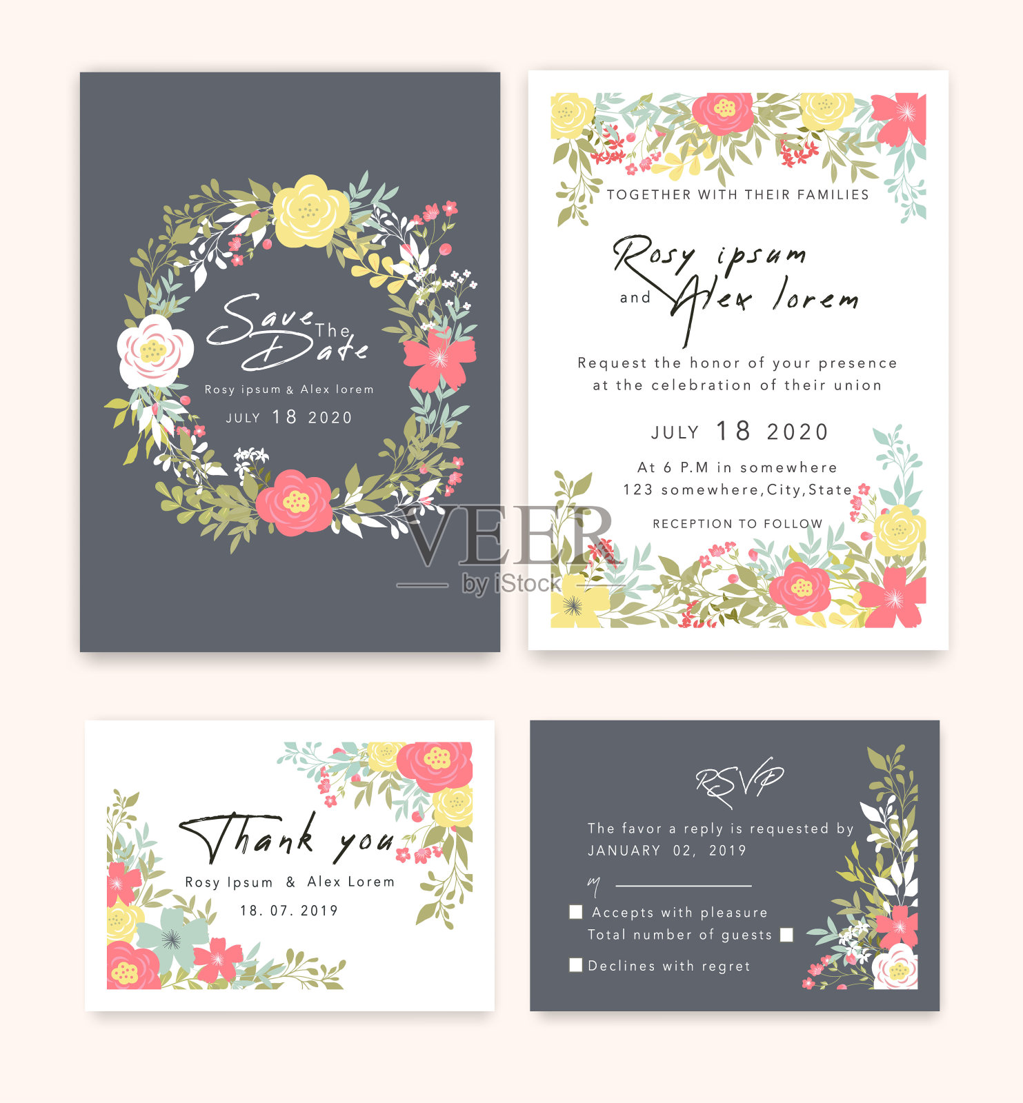 婚礼请柬保存日期卡设计与优雅的花园海葵。设计模板素材