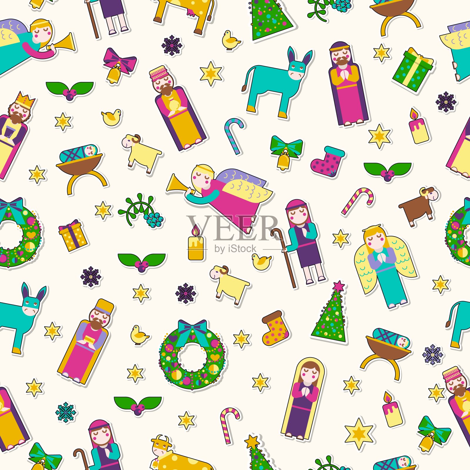 圣诞快乐贴纸图标平设置背景。矢量诞生的基督插图背景概念。插画图片素材