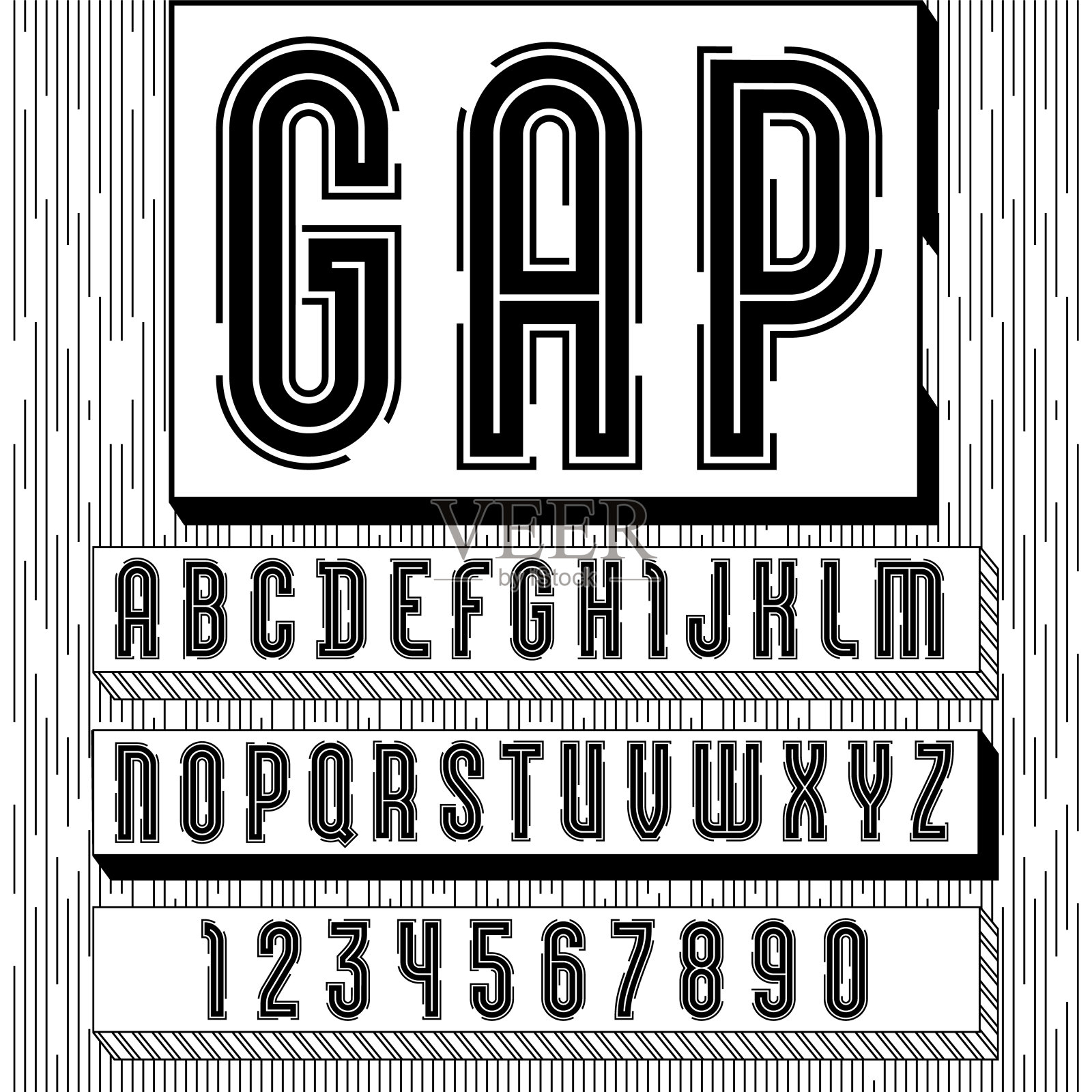 带间隙的字母表，无衬线字体，未来的黑色字母和数字。插画图片素材