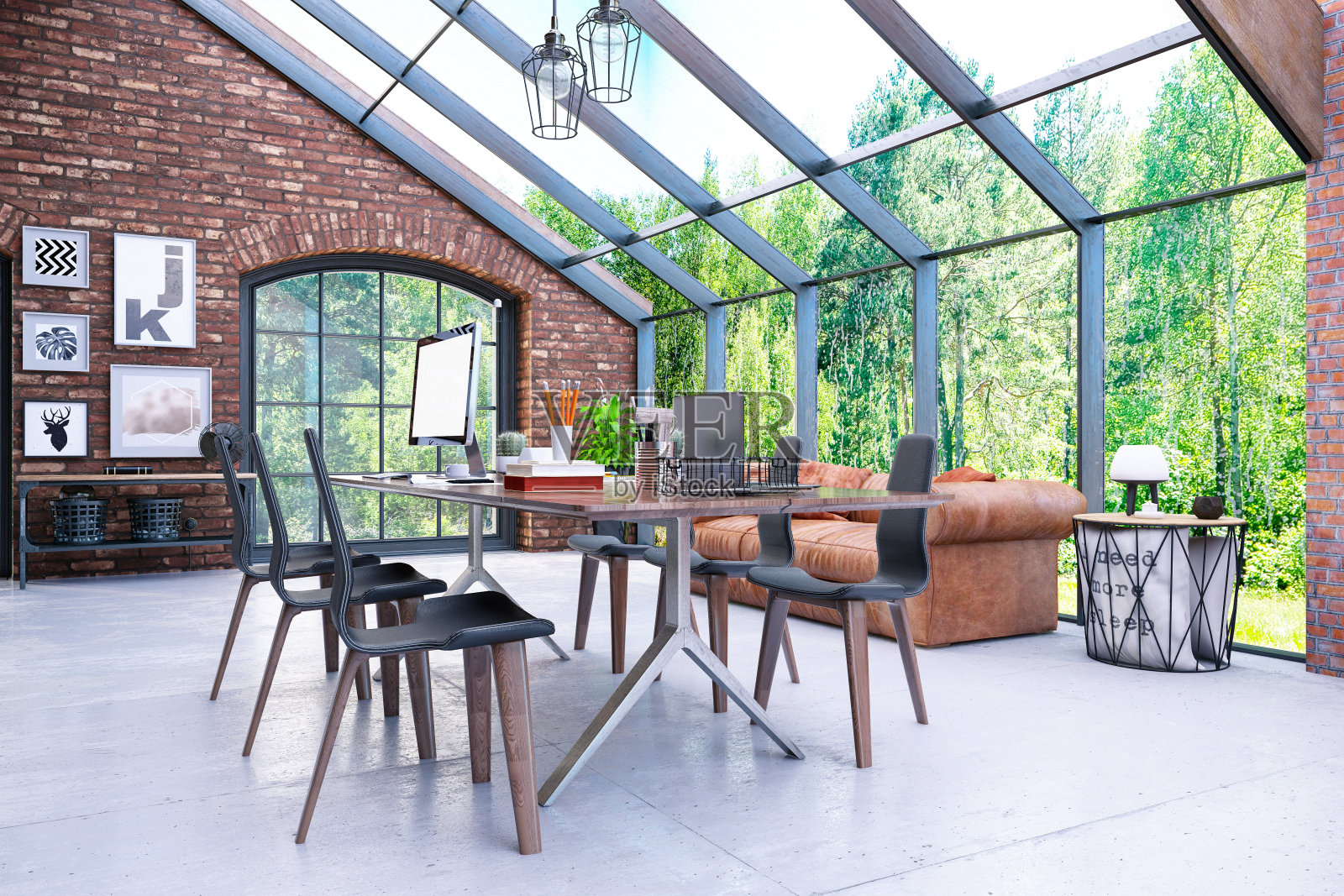 开放式舒适公寓与餐桌和森林景观照片摄影图片