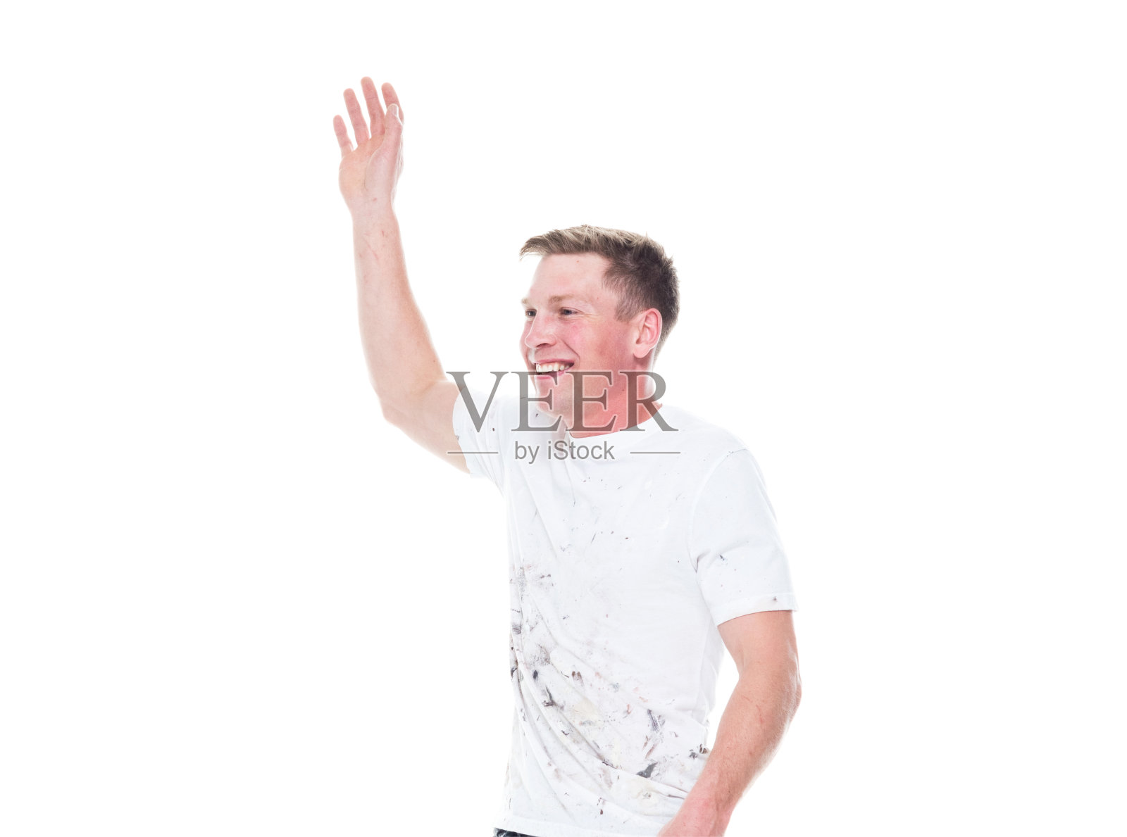 侧视图/一人/腰部以上的20-29岁的成年英俊的白人青年男子/男性在白人背景谁是微笑/快乐/愉快的问候照片摄影图片