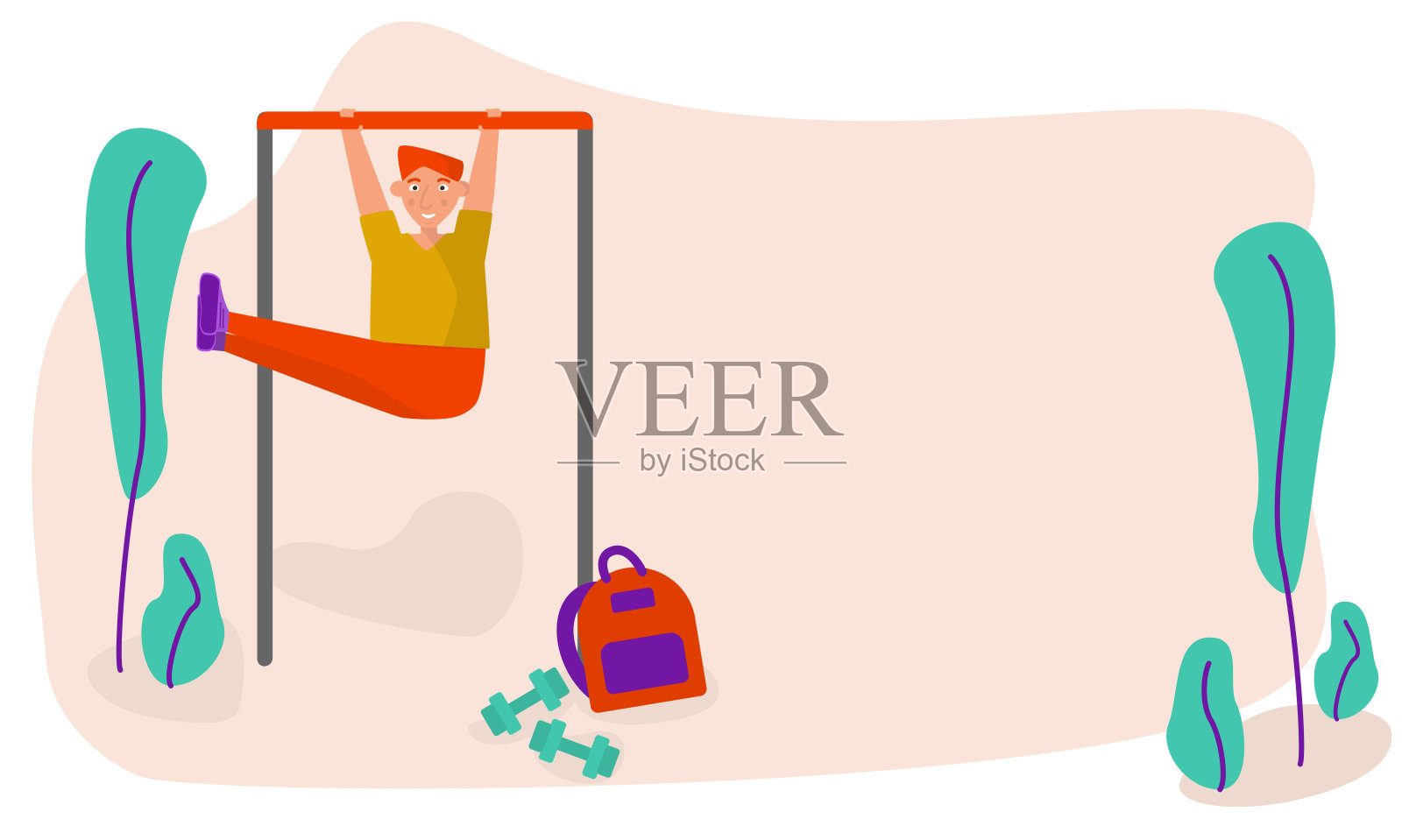 一个健壮的年轻人穿着现代运动服在街头运动场上的单杠上做着腹肌训练。户外运动的概念。带有拷贝空间的横幅。插画图片素材