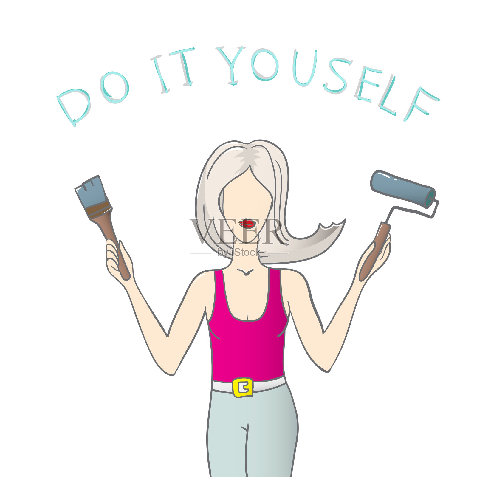 快乐女人在家刷墙插画图片素材