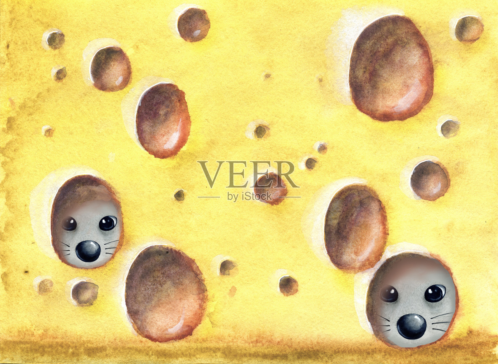 卡通动物老鼠，老鼠藏着一块奶酪。2020年中国新年和圣诞节的象征。手绘水彩画为设计背景，横幅，模板，问候。插画图片素材