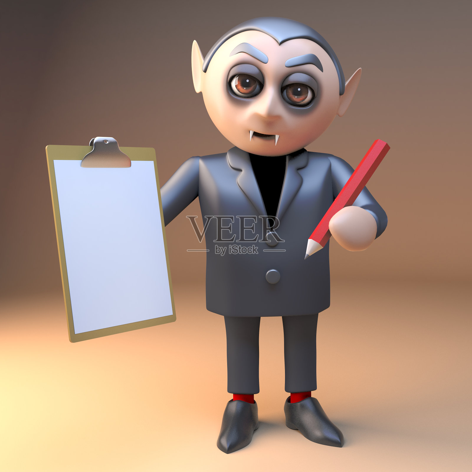 3d卡通吸血鬼吸血鬼的万圣节角色拿着一个剪贴板和铅笔，3d插图照片摄影图片