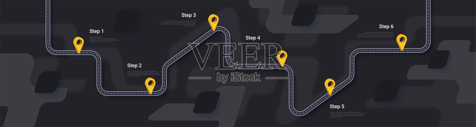 道路地图和旅程路线信息图模板。蜿蜒的道路时间线插图。黑暗的主题。平面向量插图设计模板素材