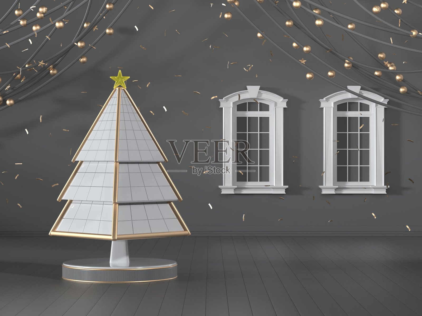 3d渲染图像的圣诞树设计装饰在黑色豪华房间的背景。照片摄影图片