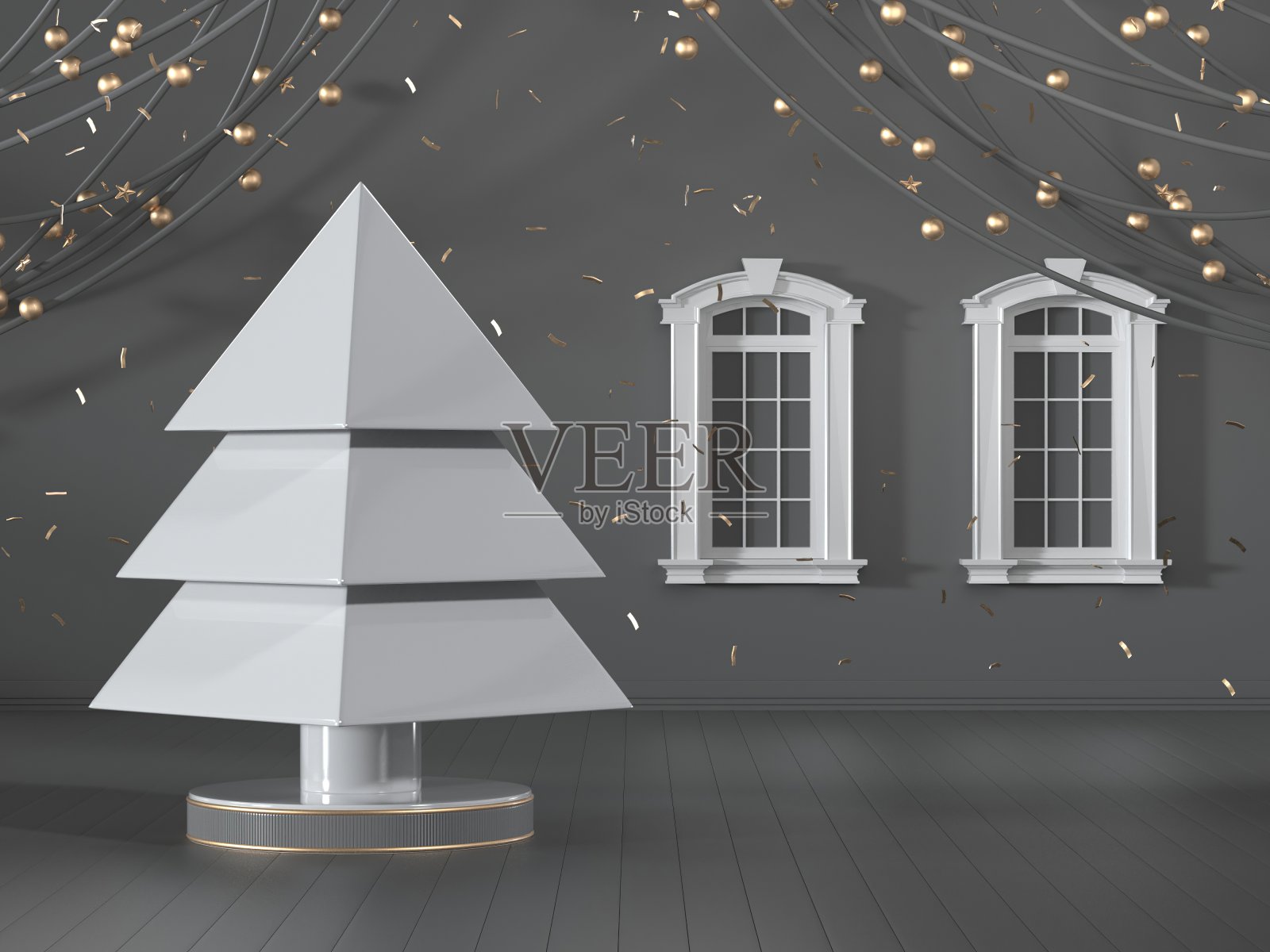 3d渲染图像的圣诞树设计装饰在黑色豪华房间的背景。照片摄影图片