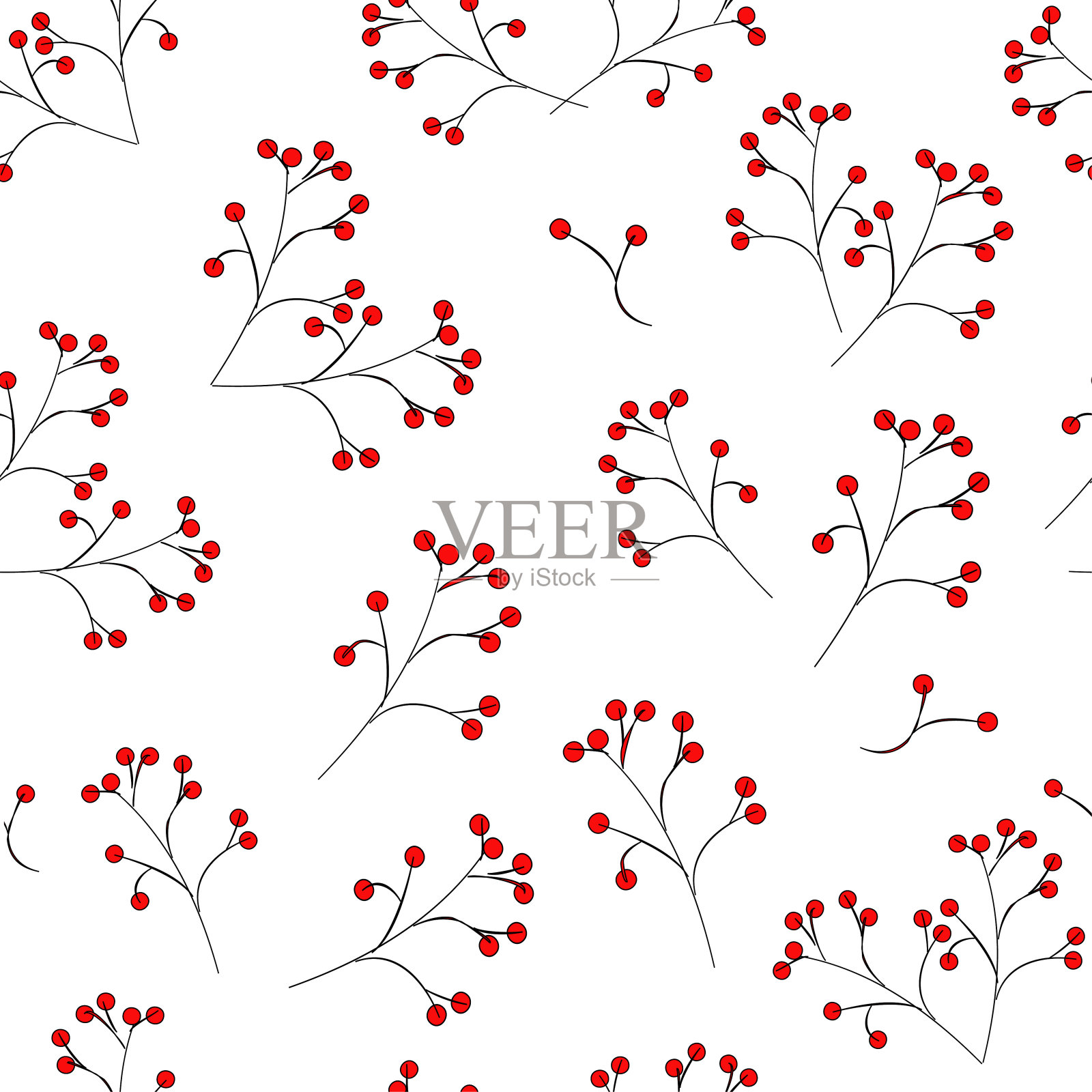 无缝图案:红色浆果在一个黑色的茎在白色的背景。向量。插图。插画图片素材