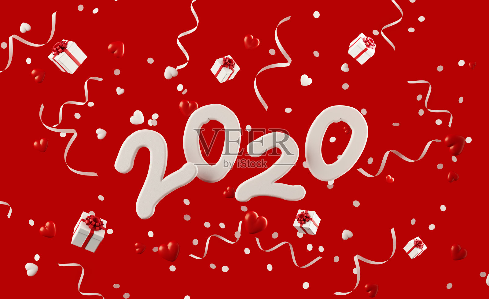 2020年，红色背景上的彩纸和派对彩带被礼盒包围照片摄影图片