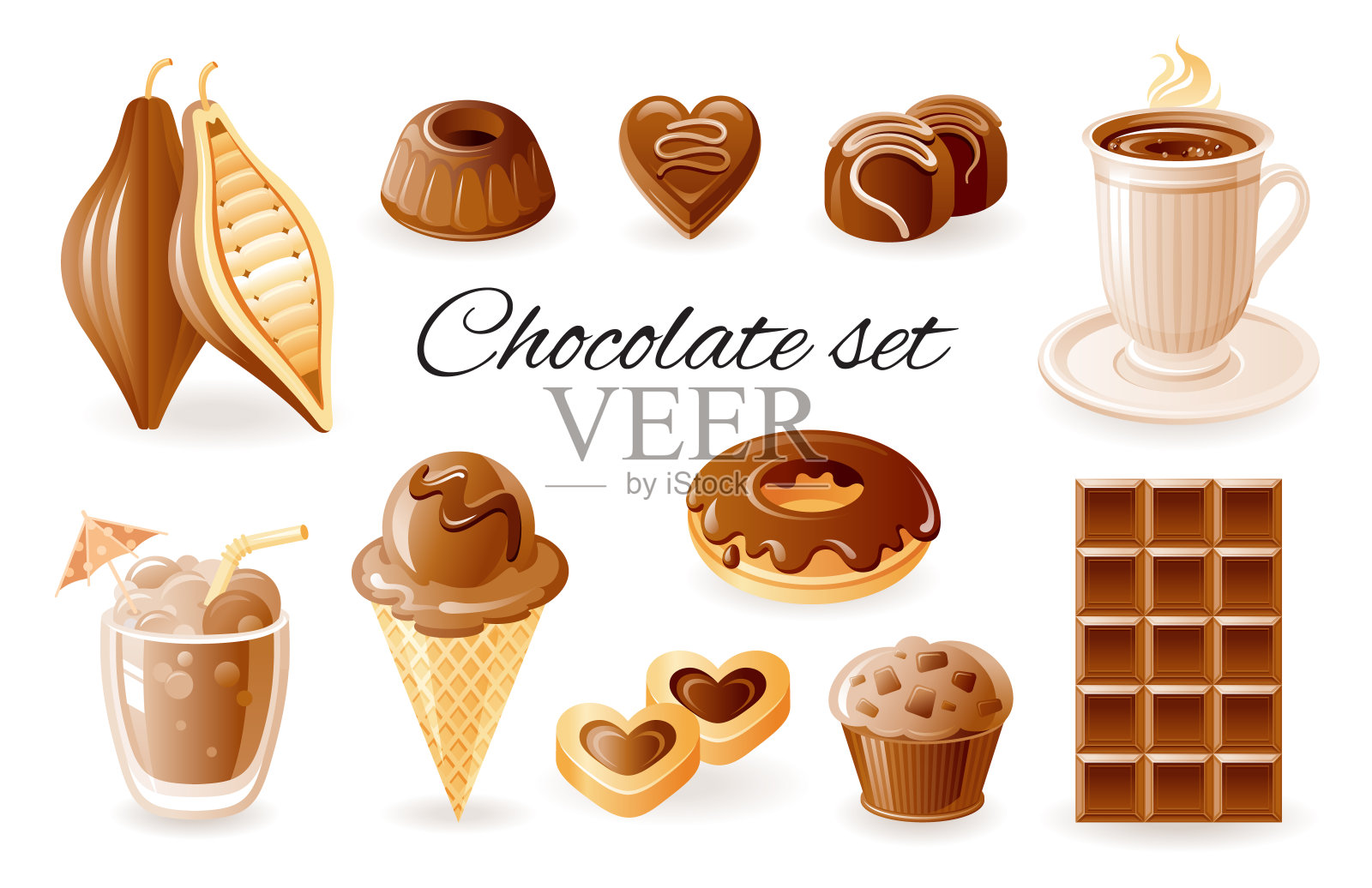 巧克力，咖啡可可图标集。巧克力棒，糖果，甜甜圈，松饼，可可豆，饼干。真实的3d彩色光滑矢量插图孤立在白色背景上。有机食品设计理念插画图片素材
