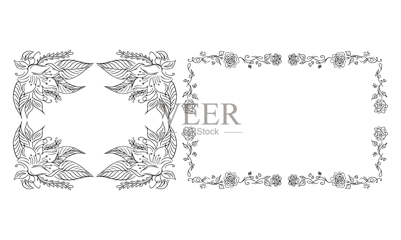 热带手绘花卉矩形框架。大纲设置。丛林插图。花集。向量孤立的集合。自然的春季婚礼卡片。夏季热带叶。植物帧插画图片素材