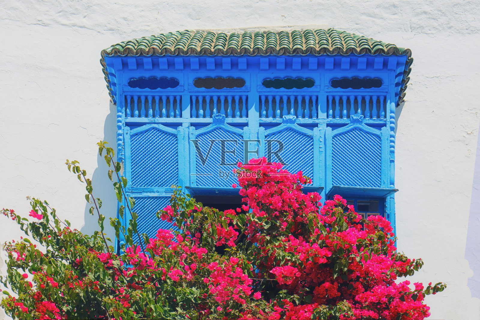 突尼斯西迪布赛义德，蓝色窗户旁美丽的花朵照片摄影图片