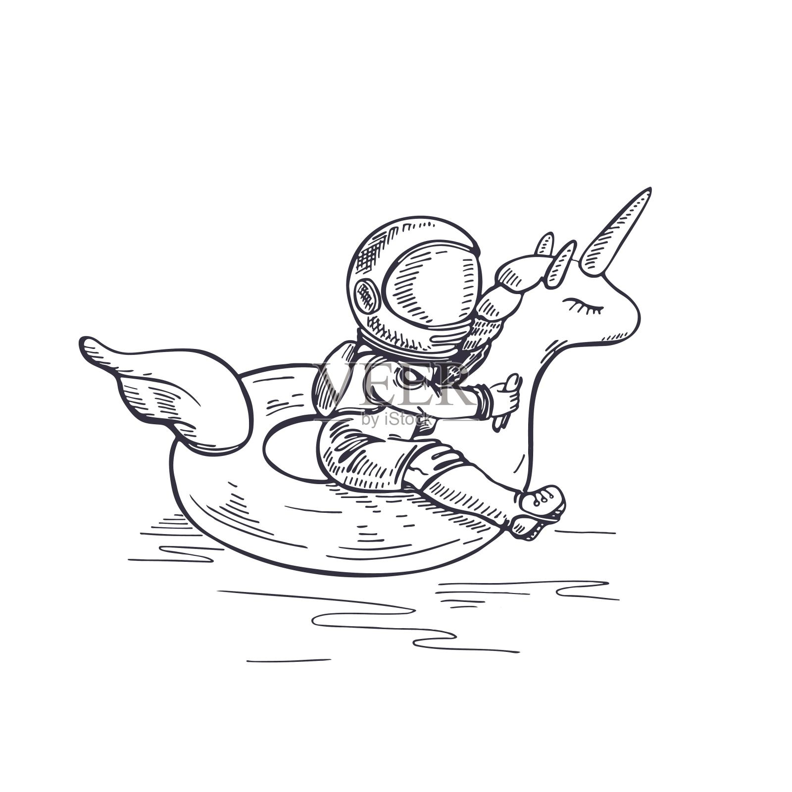 宇航员在太空中绕着独角兽游一圈。关于天文学主题的插图。插画图片素材