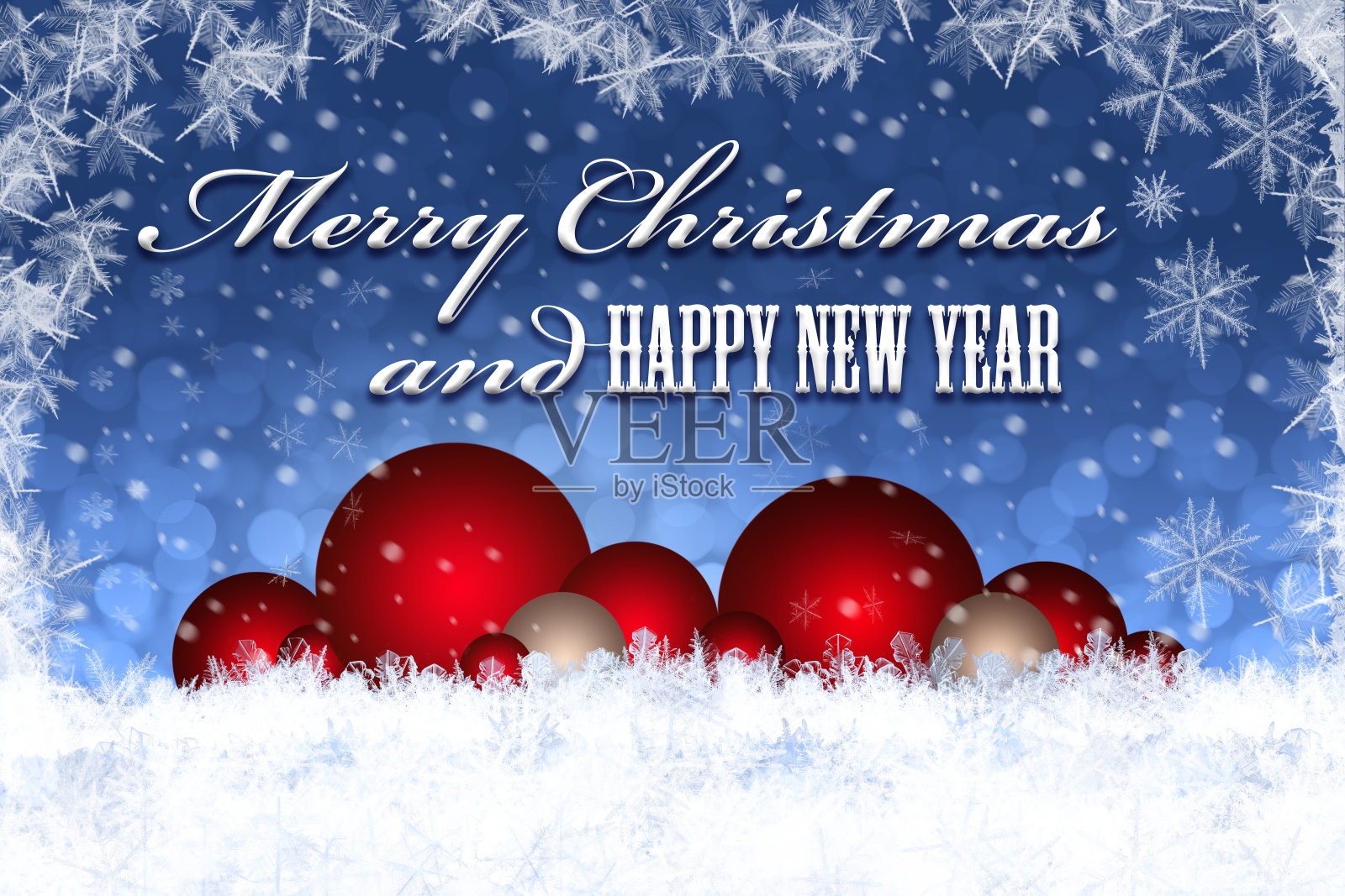 圣诞快乐，新年快乐装饰以雪为背景。贺卡照片摄影图片