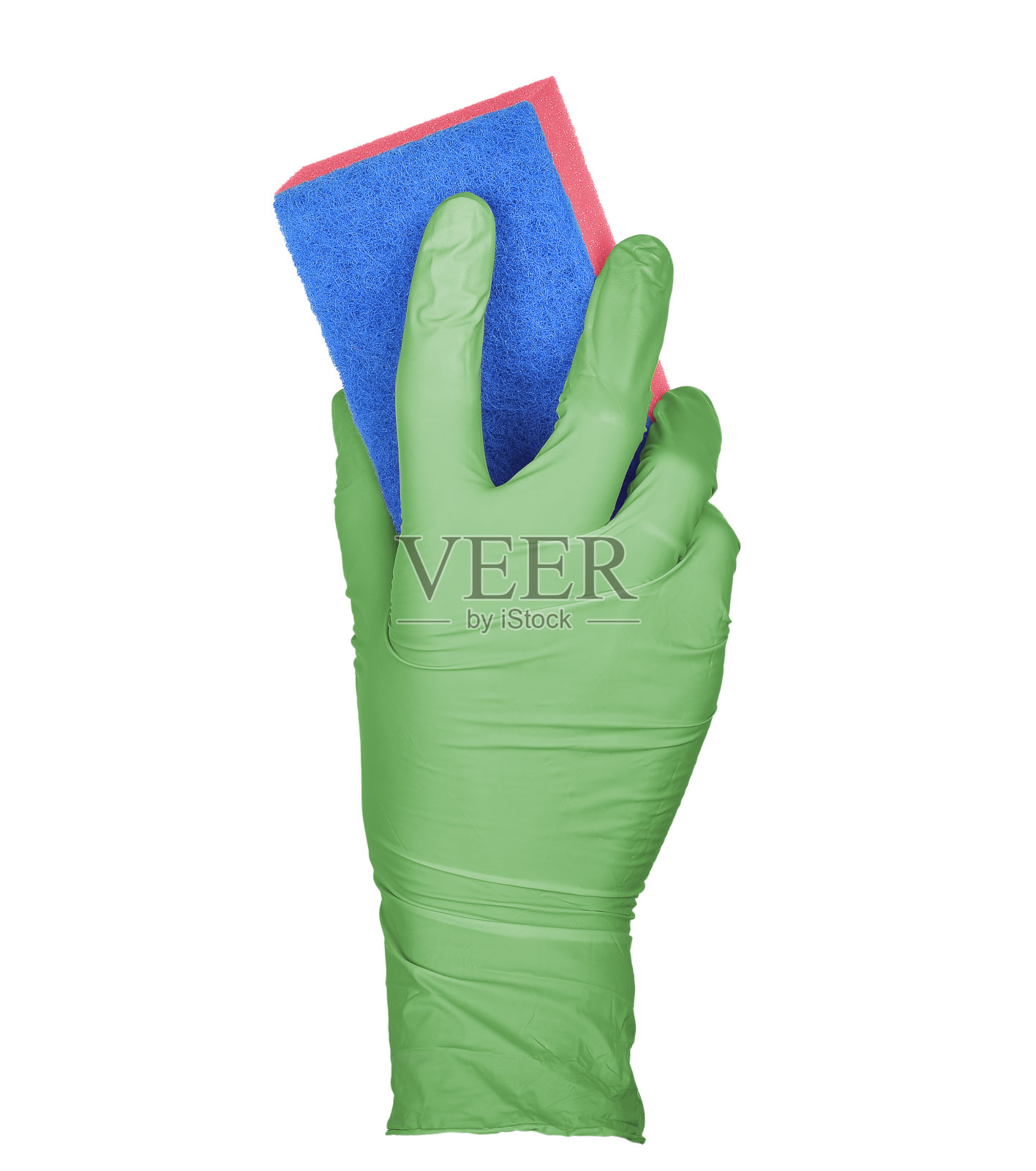 女性洗碗用的海绵。手放在乳胶手套上隔离白色。女人的手势或手势孤立在白色。照片摄影图片