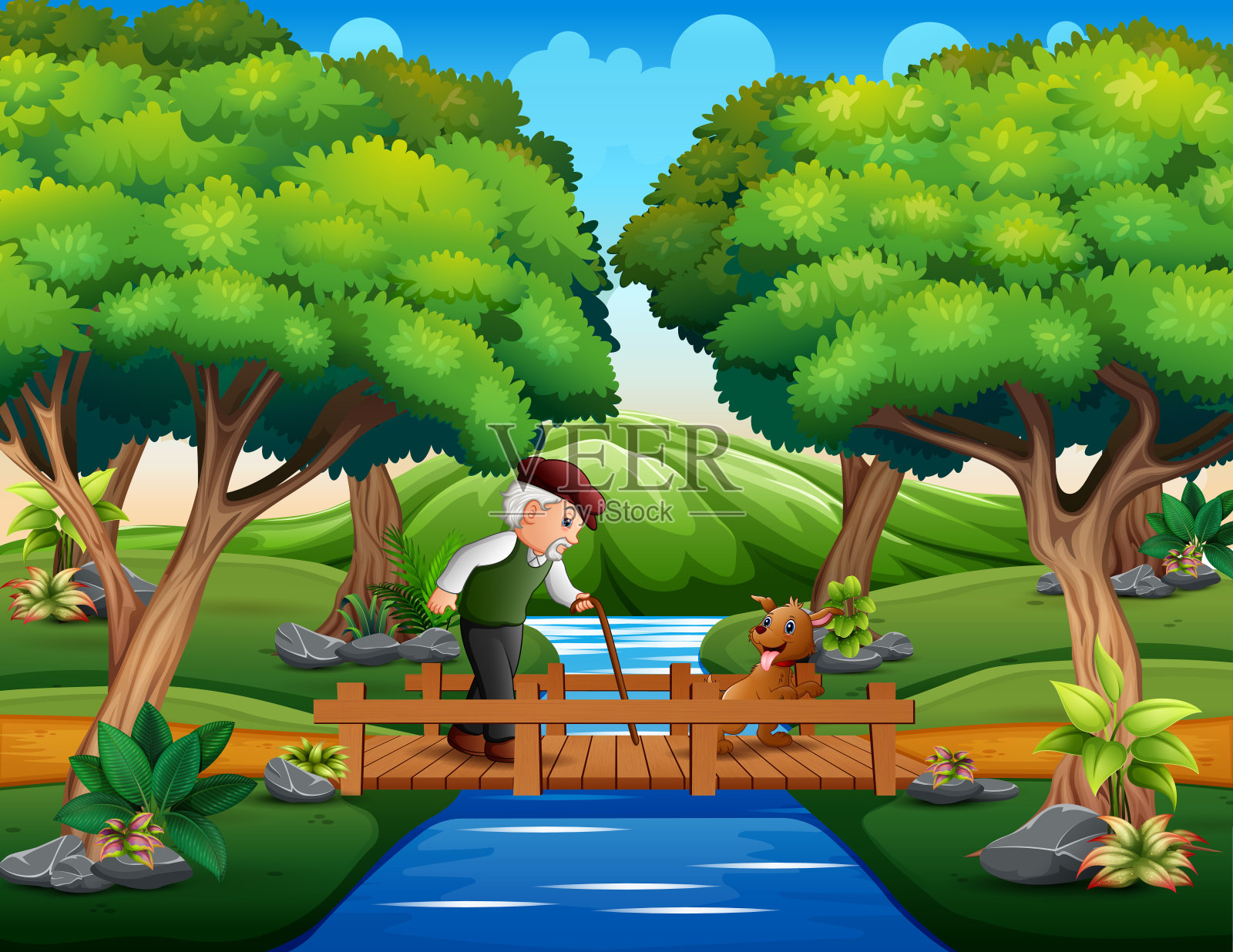 爷爷和他的狗穿过一座木桥插画图片素材