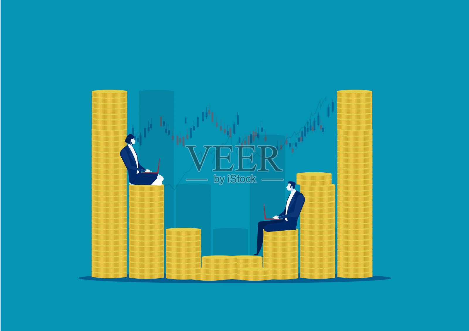 女商人一边工作一边坐在不同大小的硬币堆上。和赚钱的概念。插画图片素材