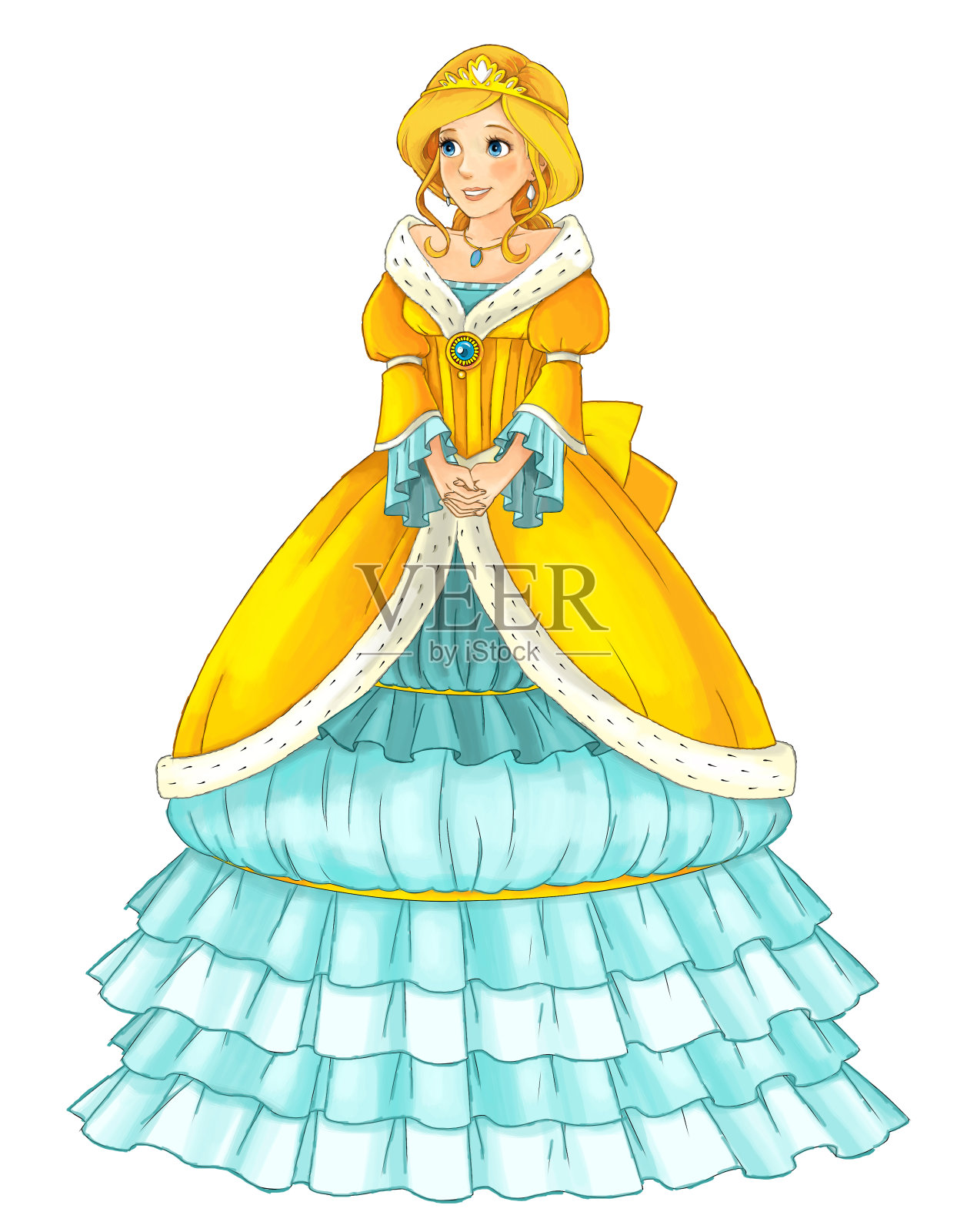 卡通场景与美丽的公主在白色的背景插画图片素材