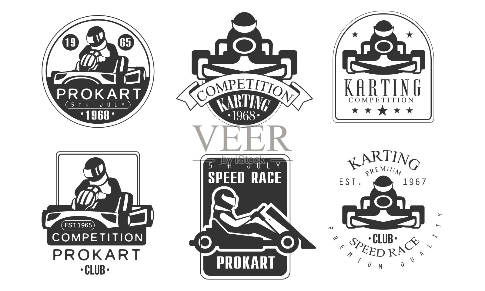 卡明斯竞赛复古标签集，机械站，普罗科特赛车俱乐部单色徽章矢量插图插画图片素材