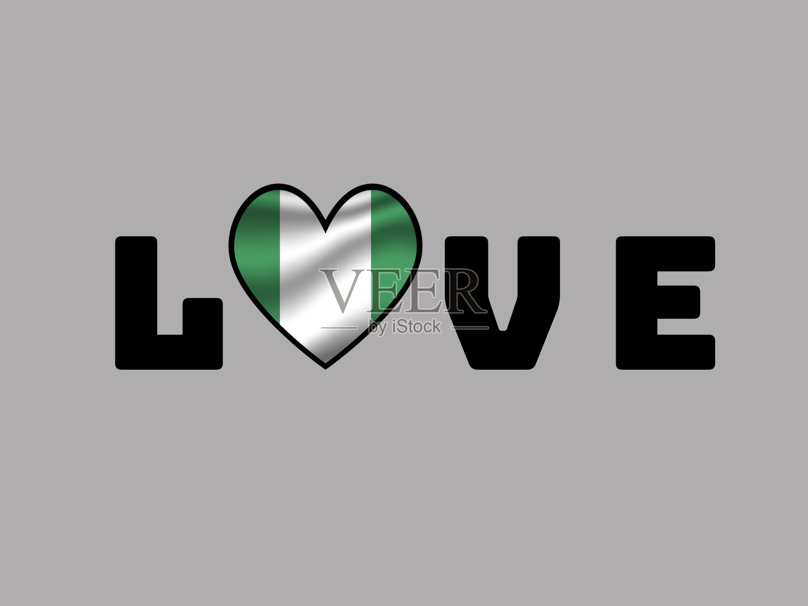 尼日利亚国旗里面大的心和字母的爱。原始颜色和比例。矢量插图，世界各国从所有大陆和领土设置。在白色背景上隔离插画图片素材