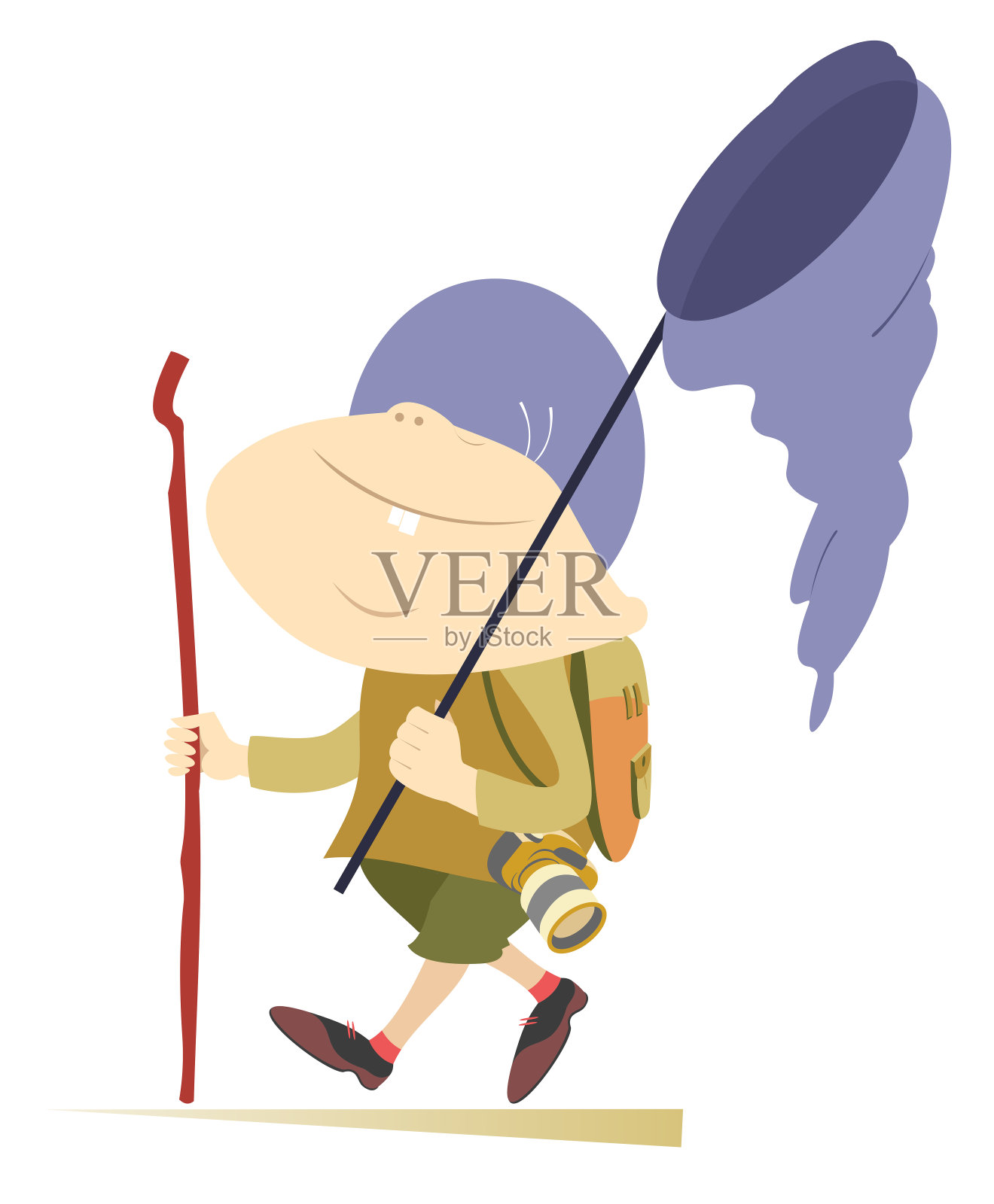 徒步男孩，背包，手杖和蝴蝶网插图设计元素图片