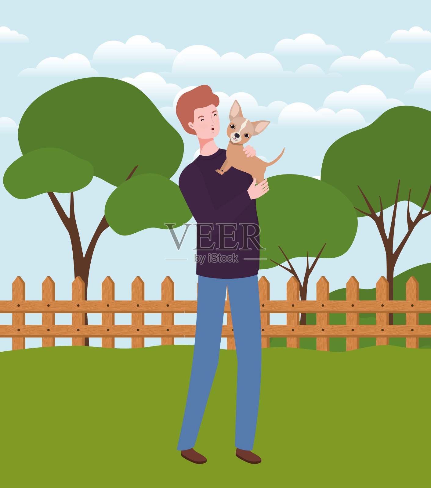 一个年轻人在营地里举起可爱的狗吉祥物插画图片素材